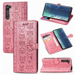 Embossing Dog Paw Kitten and Puppy Leather Wallet Case for Moto Motorola Edge - Pink