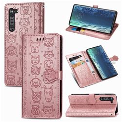 Embossing Dog Paw Kitten and Puppy Leather Wallet Case for Moto Motorola Edge - Rose Gold