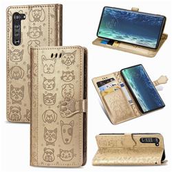 Embossing Dog Paw Kitten and Puppy Leather Wallet Case for Moto Motorola Edge - Champagne Gold