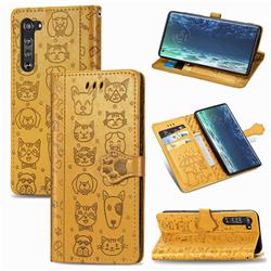 Embossing Dog Paw Kitten and Puppy Leather Wallet Case for Moto Motorola Edge - Yellow