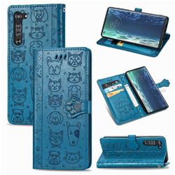 Embossing Dog Paw Kitten and Puppy Leather Wallet Case for Moto Motorola Edge - Blue