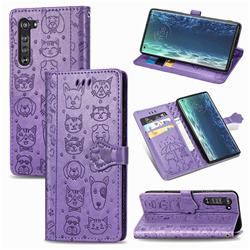 Embossing Dog Paw Kitten and Puppy Leather Wallet Case for Moto Motorola Edge - Purple