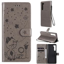 Embossing Bee and Cat Leather Wallet Case for Moto Motorola Edge - Gray