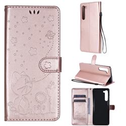 Embossing Bee and Cat Leather Wallet Case for Moto Motorola Edge - Rose Gold