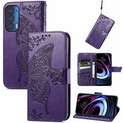 Embossing Mandala Flower Butterfly Leather Wallet Case for Moto Motorola Edge 2021 - Dark Purple