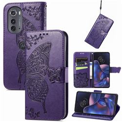 Embossing Mandala Flower Butterfly Leather Wallet Case for Moto Motorola Edge 2022 - Dark Purple