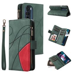 Luxury Two-color Stitching Multi-function Zipper Leather Wallet Case Cover for Motorola Edge X30 - Green