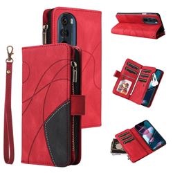 Luxury Two-color Stitching Multi-function Zipper Leather Wallet Case Cover for Motorola Edge X30 - Red