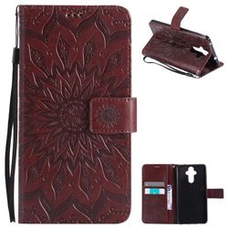 Embossing Sunflower Leather Wallet Case for Huawei Mate9 Mate 9 - Brown