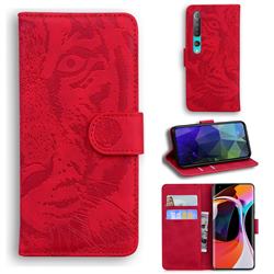 Intricate Embossing Tiger Face Leather Wallet Case for Xiaomi Mi 10 / Mi 10 Pro 5G - Red