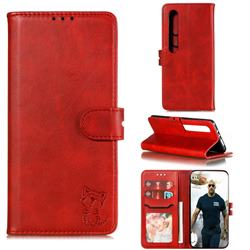 Embossing Happy Cat Leather Wallet Case for Xiaomi Mi 10 / Mi 10 Pro 5G - Red