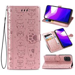 Embossing Dog Paw Kitten and Puppy Leather Wallet Case for Xiaomi Mi 10 Lite - Rose Gold