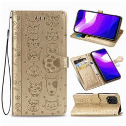 Embossing Dog Paw Kitten and Puppy Leather Wallet Case for Xiaomi Mi 10 Lite - Champagne Gold