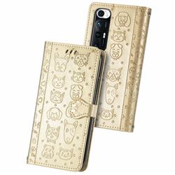 Embossing Dog Paw Kitten and Puppy Leather Wallet Case for Xiaomi Mi 10S - Champagne Gold