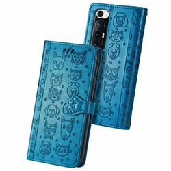 Embossing Dog Paw Kitten and Puppy Leather Wallet Case for Xiaomi Mi 10S - Blue