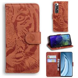 Intricate Embossing Tiger Face Leather Wallet Case for Xiaomi Mi 10S - Brown