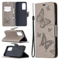 Embossing Double Butterfly Leather Wallet Case for Xiaomi Mi 10T / 10T Pro 5G - Gray