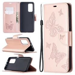 Embossing Double Butterfly Leather Wallet Case for Xiaomi Mi 10T / 10T Pro 5G - Rose Gold