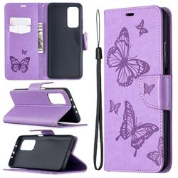 Embossing Double Butterfly Leather Wallet Case for Xiaomi Mi 10T / 10T Pro 5G - Purple