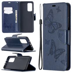 Embossing Double Butterfly Leather Wallet Case for Xiaomi Mi 10T / 10T Pro 5G - Dark Blue