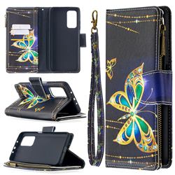 Golden Shining Butterfly Binfen Color BF03 Retro Zipper Leather Wallet Phone Case for Xiaomi Mi 10T / 10T Pro 5G