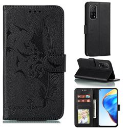 Intricate Embossing Lychee Feather Bird Leather Wallet Case for Xiaomi Mi 10T / 10T Pro 5G - Black