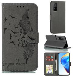 Intricate Embossing Lychee Feather Bird Leather Wallet Case for Xiaomi Mi 10T / 10T Pro 5G - Gray