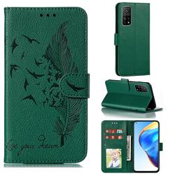 Intricate Embossing Lychee Feather Bird Leather Wallet Case for Xiaomi Mi 10T / 10T Pro 5G - Green