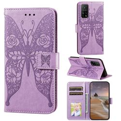 Intricate Embossing Rose Flower Butterfly Leather Wallet Case for Xiaomi Mi 10T / 10T Pro 5G - Purple