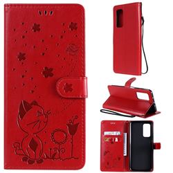 Embossing Bee and Cat Leather Wallet Case for Xiaomi Mi 10T / 10T Pro 5G - Red