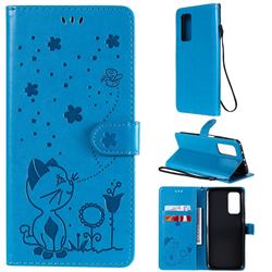 Embossing Bee and Cat Leather Wallet Case for Xiaomi Mi 10T / 10T Pro 5G - Blue