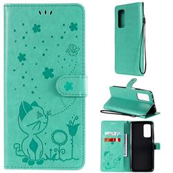 Embossing Bee and Cat Leather Wallet Case for Xiaomi Mi 10T / 10T Pro 5G - Green