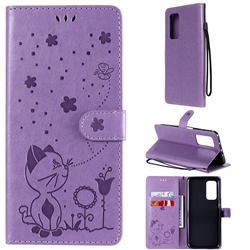 Embossing Bee and Cat Leather Wallet Case for Xiaomi Mi 10T / 10T Pro 5G - Purple