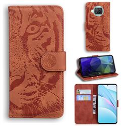 Intricate Embossing Tiger Face Leather Wallet Case for Xiaomi Mi 10T Lite 5G - Brown