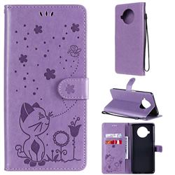 Embossing Bee and Cat Leather Wallet Case for Xiaomi Mi 10T Lite 5G - Purple