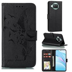 Intricate Embossing Lychee Feather Bird Leather Wallet Case for Xiaomi Mi 10T Lite 5G - Black