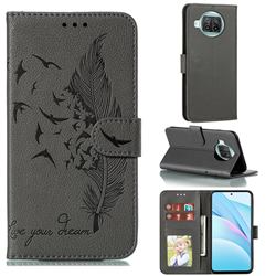Intricate Embossing Lychee Feather Bird Leather Wallet Case for Xiaomi Mi 10T Lite 5G - Gray