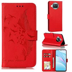 Intricate Embossing Lychee Feather Bird Leather Wallet Case for Xiaomi Mi 10T Lite 5G - Red