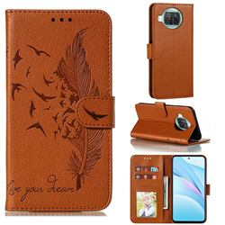 Intricate Embossing Lychee Feather Bird Leather Wallet Case for Xiaomi Mi 10T Lite 5G - Brown