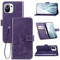 Embossing Imprint Four-Leaf Clover Leather Wallet Case for Xiaomi Mi 11 - Purple