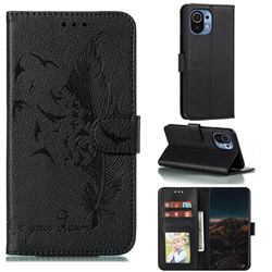 Intricate Embossing Lychee Feather Bird Leather Wallet Case for Xiaomi Mi 11 - Black