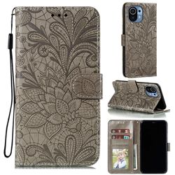 Intricate Embossing Lace Jasmine Flower Leather Wallet Case for Xiaomi Mi 11 - Gray