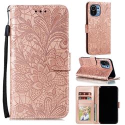Intricate Embossing Lace Jasmine Flower Leather Wallet Case for Xiaomi Mi 11 - Rose Gold