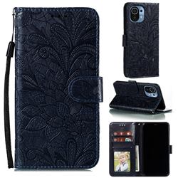Intricate Embossing Lace Jasmine Flower Leather Wallet Case for Xiaomi Mi 11 - Dark Blue