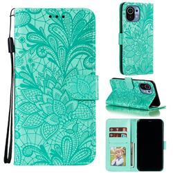 Intricate Embossing Lace Jasmine Flower Leather Wallet Case for Xiaomi Mi 11 - Green