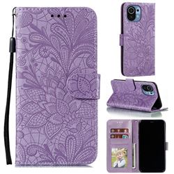 Intricate Embossing Lace Jasmine Flower Leather Wallet Case for Xiaomi Mi 11 - Purple
