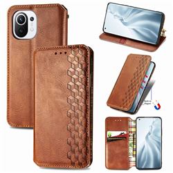Ultra Slim Fashion Business Card Magnetic Automatic Suction Leather Flip Cover for Xiaomi Mi 11 - Brown