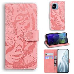 Intricate Embossing Tiger Face Leather Wallet Case for Xiaomi Mi 11 - Pink