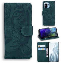Intricate Embossing Tiger Face Leather Wallet Case for Xiaomi Mi 11 - Green