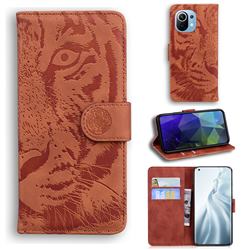 Intricate Embossing Tiger Face Leather Wallet Case for Xiaomi Mi 11 - Brown